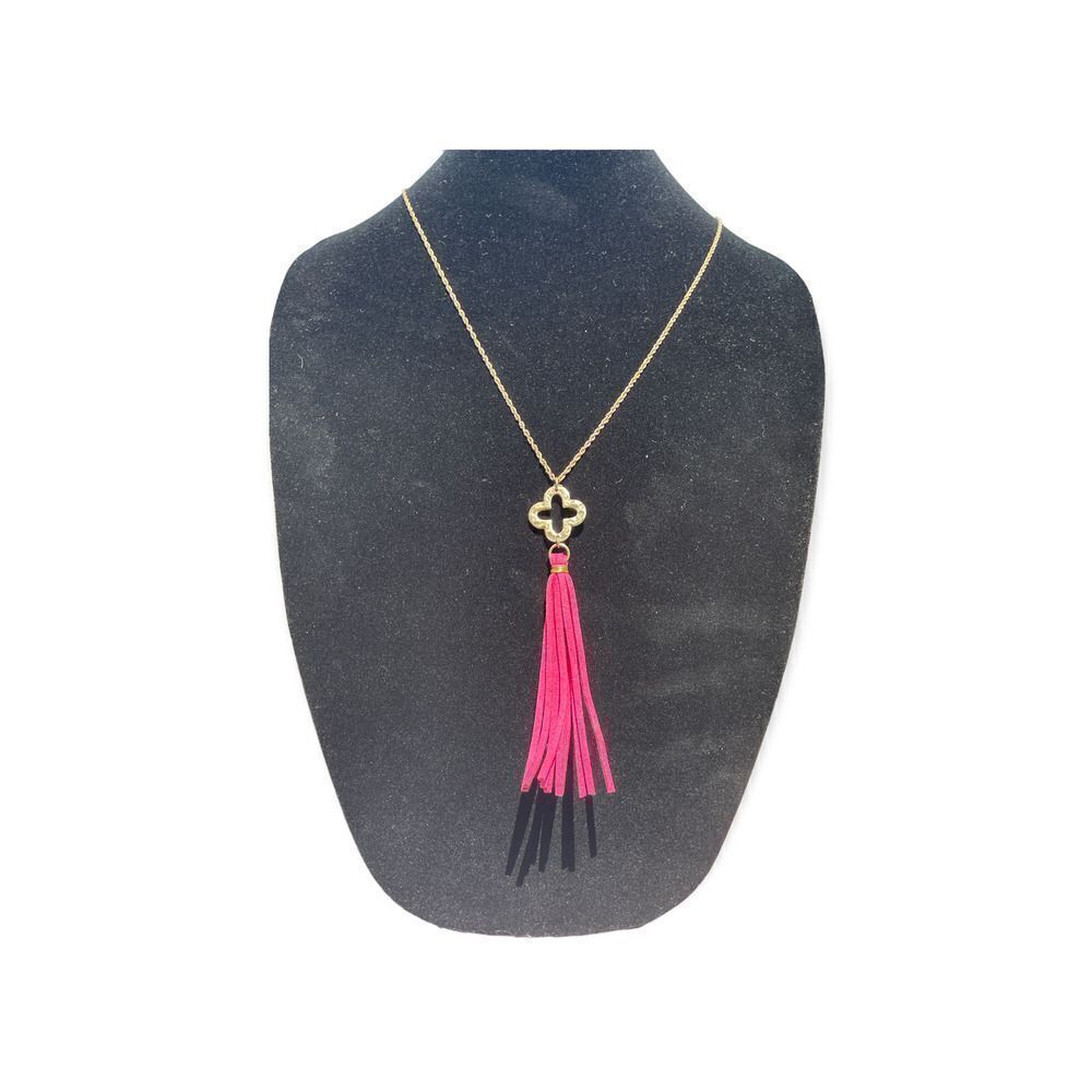 Envious Brushed Gold Tone Long Chain with Fushia Leather Tasle